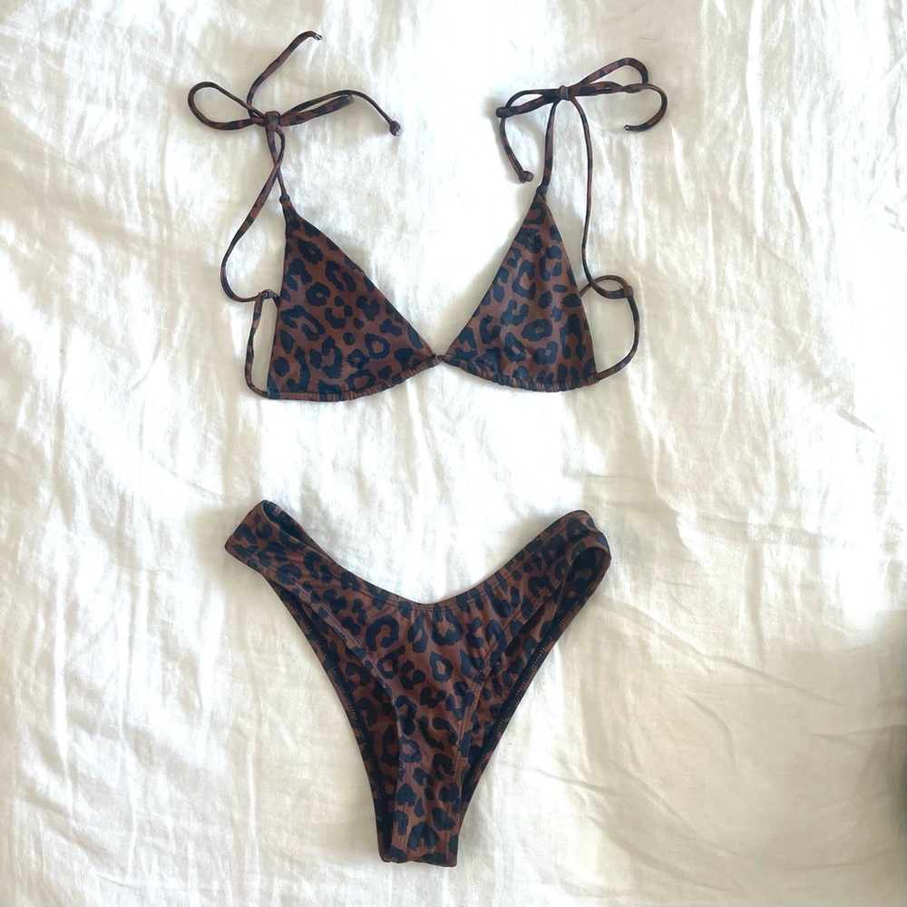 Leopard Print Triangle Bikini Set - Brown/Black
